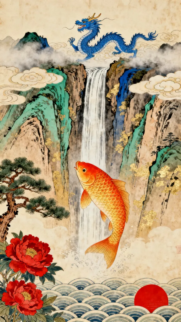 민화 약리도 — 잉어가 폭포를 거슬러 용문으로 오르는 그림